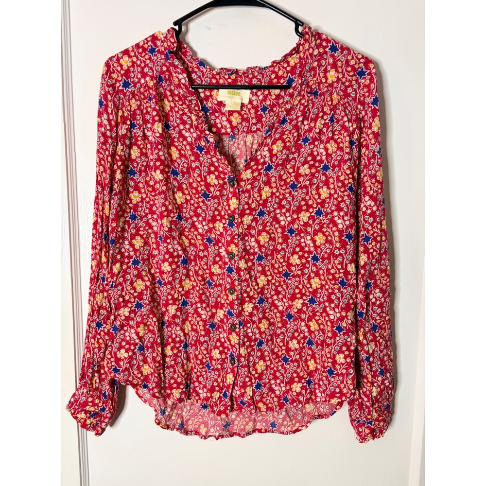 Maeve by Anthropologie Red Floral Star Print Ruffle V-Neck Button Down Blouse 4